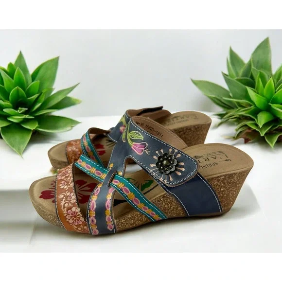 Spring Step L'Artiste Swan Sandals Handpainted Leather Wedge Heel Boho 36 5.5/6 - Picture 3 of 12